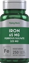 Piping Rock Iron Ferrous Sulfate 65 mg | 250 Tablet | Demir Tamam | Yüksek Potency Formula | Vegetarian, Non-GMO, Gluten Free