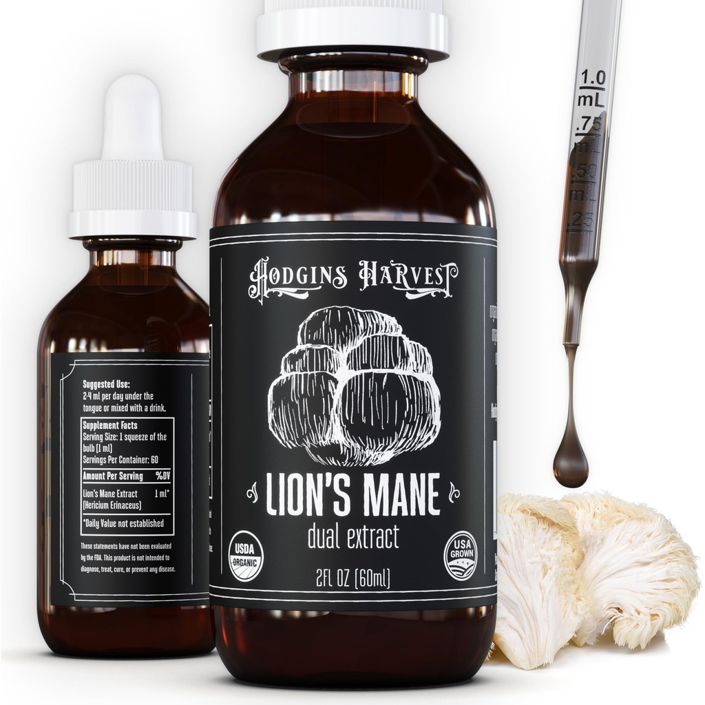 Hodgins Harvest Organic Lion's Mane Fruiting Body Extract Tincture - Mushroom Supplement for Brain Health and mental Focus - Dual Extract Formula - Ekstra Yoğun - 2 fl oz Şişe