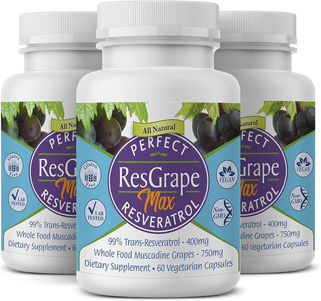 Mükemmel ResGrape Max, şişe başına 60 sebze kapsülü (Pack of 3) -% 99 Trans-Resveratrol & Muscadine Grape - Anti-Aging Supplement & Potent Anti-Aging Supplement & Potent Antioksit Anti-Aging Supplement & Potent Anti-Aging Supplement & Potent Antioksit