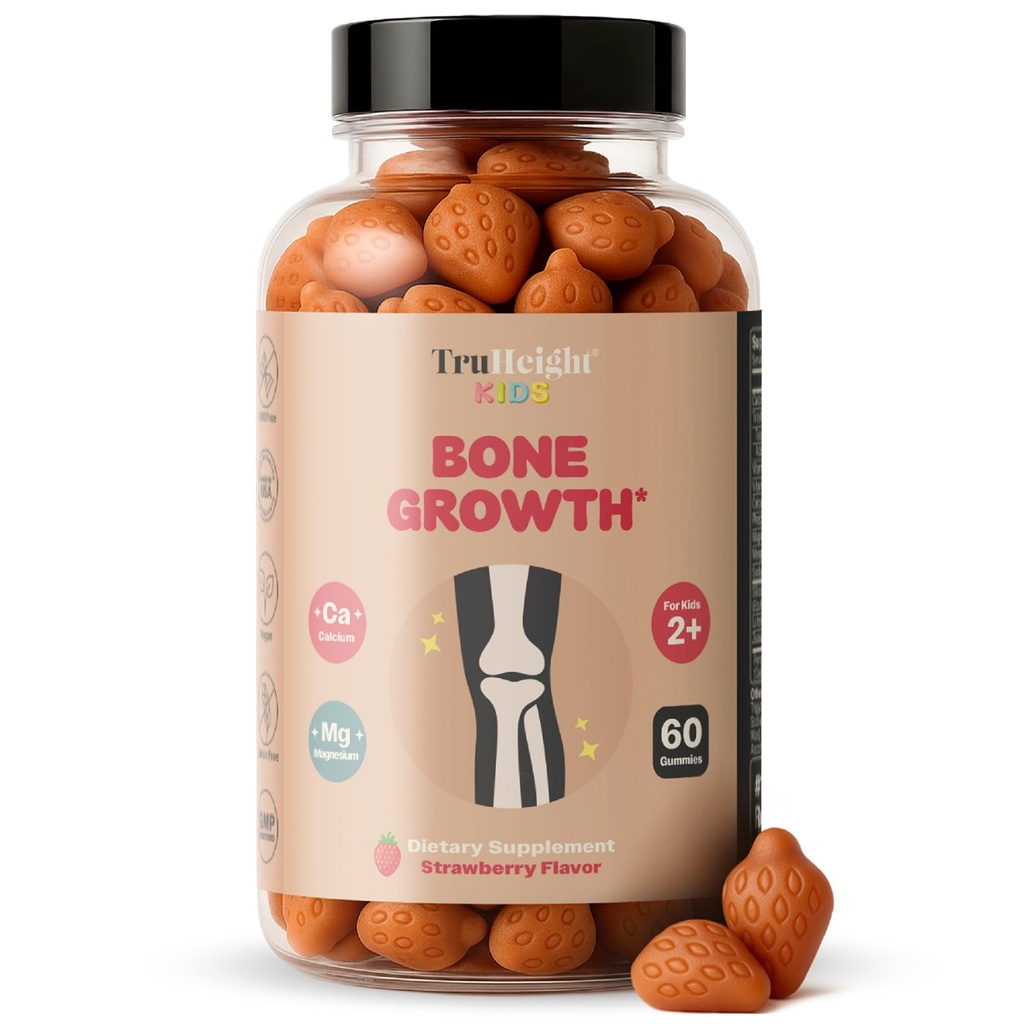 TruHeight Kids Bone Gummies (Strawberry, Ages 2+) Çocuklar ve Toddler için Doğal Büyüme için Uzun Beslenme - Vitamin D, Kalsiyum, K, Magnezyum Multivitamin, Bone Strength Vitamins, D3 K2, Taller