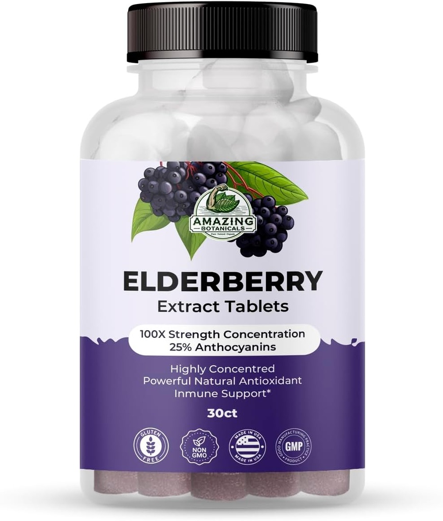 Amazing Botanicals Elderberry 100X Güçlü Tabletler - Organik Immune Support & Wellness Supplement | 30 Tablet