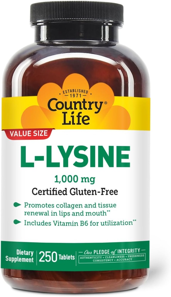 Ülke Life L-Lysine 1000 mg ile B-6, Destekler Immune Health, Lips ve Mouth'da Collagen Renewal, 250-Count, Sertifikalı Gluten Free, sertifikalı Vegan Vegan Vegan