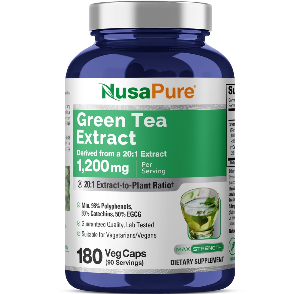 NusaPure Green Tea 20:1 Ekstraksiyon, 1200 mg 24000 mg, 180 Vegan Capsules,% 50 EGCG, 98 Polyols,% 80 Catechins