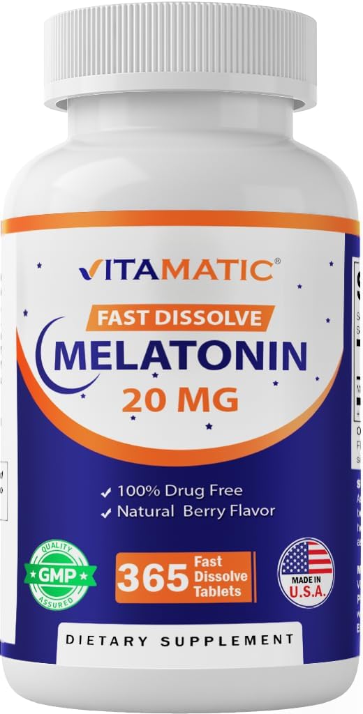 Vitamatic Melatonin 20 mg Tabletleri | Vegetarian, Non-GMO, Gluten Free | 1 Yıl Supply | Natural Berry Flavor - 365 Tabletler