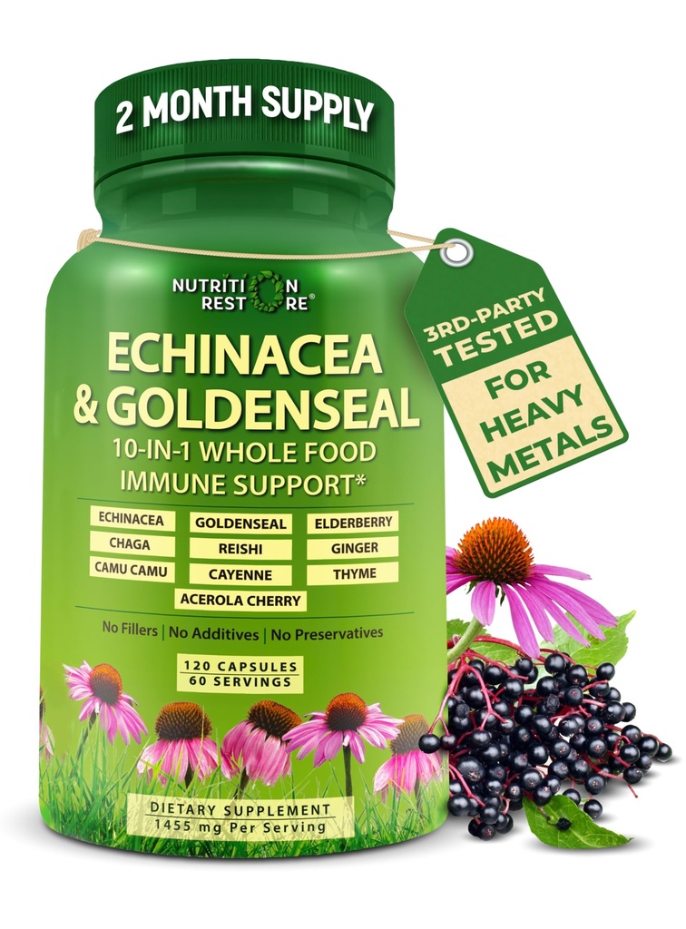 Echinacea Goldenseal Capsules - 1 Immune Support Supplement - 1455 mg - Vegan Echinacea Capsules Supplement Organik Tüm Gıdalarla Yapıldı - Herbal Immune System Support - 2 Ay Supply