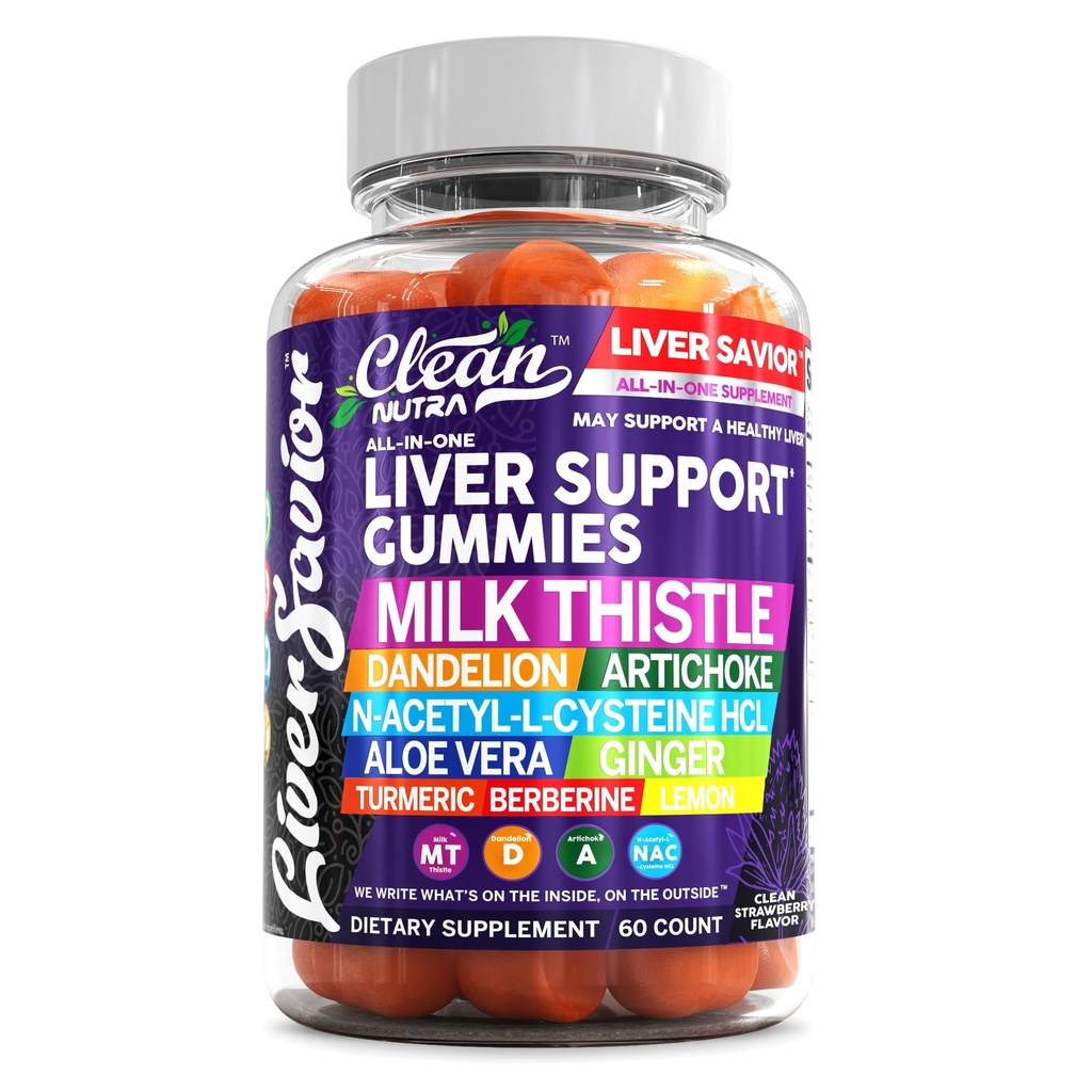 Clean Nutra Liver Cleanse Detox & Repair Gummies | Milk Thistle Gummy Liver Support Vitamins | Dandelion, Artichoke, Aloe Vera, Ginger, Berberine, Lemon, N-Acetyl-L-Cysteine, Turmeric Supplement HCL