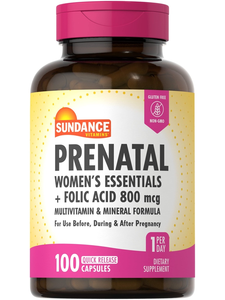 Sundance Prenatal Multivitamin | Folic Acid | 100 Hızlı Yayın Kapsülleri | 800 mcg | Non-GMO, Gluten Free Supplement for Women