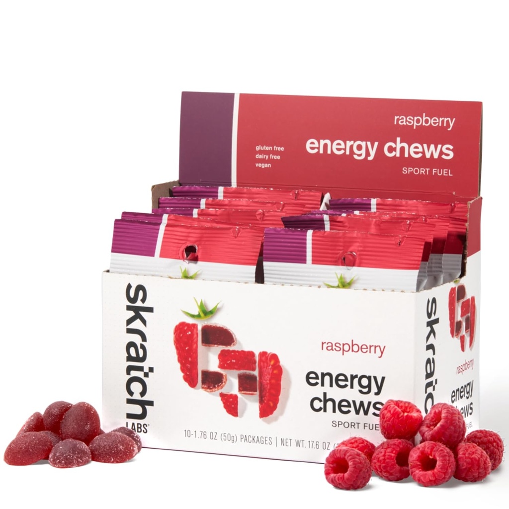 Skratch Labs Energy Chews | Gummies for Run, Bisiklet, ve Spor Performansı | Gel Alternatif | Raspberry (10 Pack) | Gluten Free, Vegan