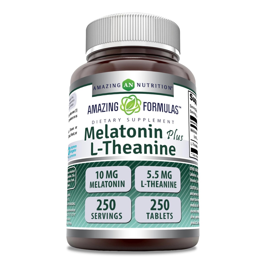 Amazing Formulas Melatonin Plus L-Theanine 10 mg Tablet Tamam | Non-GMO | Gluten Free | Made in USA (10 mg, 250, Count)