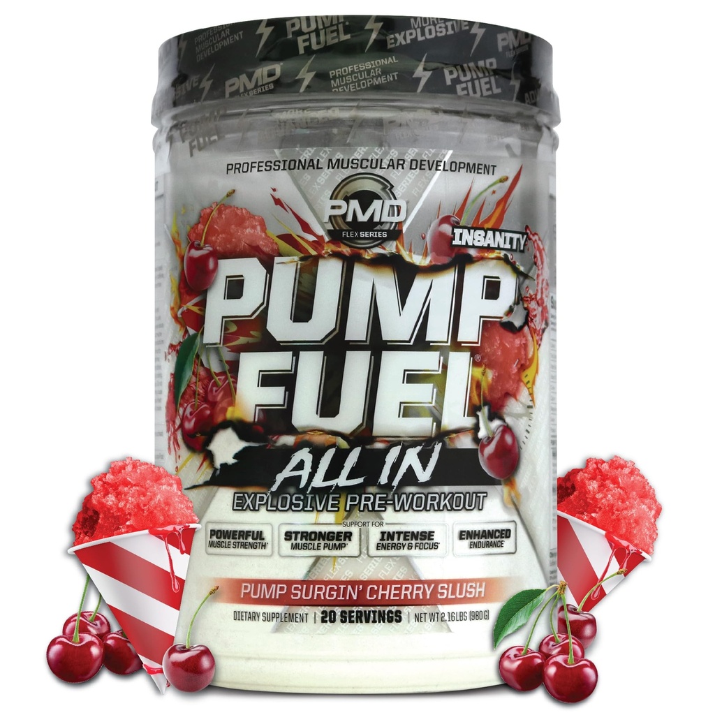 PMD Sports Pump Yakıt All in Insanity, Ultimate Pre Workout Toz & Muscle Pump, Maximum Strength Energy, Focus, Endurance & Recovery, Kre Surgin & Beta Alanine, Pump Surgin' Cherry Slush, 20 Hizmetler