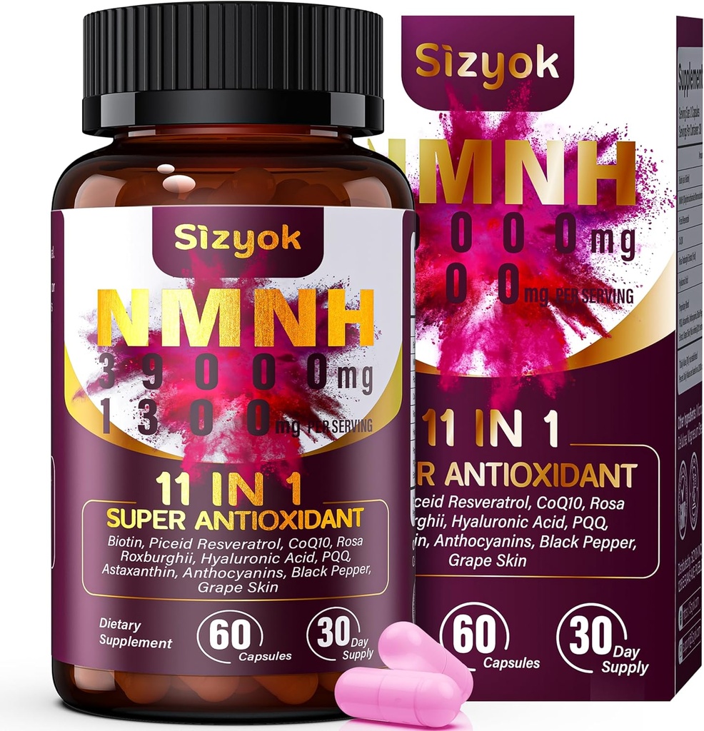 NMNH Supplement (Dihidrnicotinamid Mononüotid) 600 mg,NAD Resveratrol, CoQ10, Biotin & Hyaluronic Asit | Destek Hücreleri Enerji, Metabolism & Skin Wellness, 60 Capsules,Pink