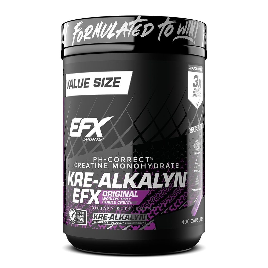 EFX Sports Kre-Alkalyn EFX | pH Correct Creatine Monohydrate Pill Supplement | Strength, Muscle Growth & Performance | 200 Servings, 400 Capsules