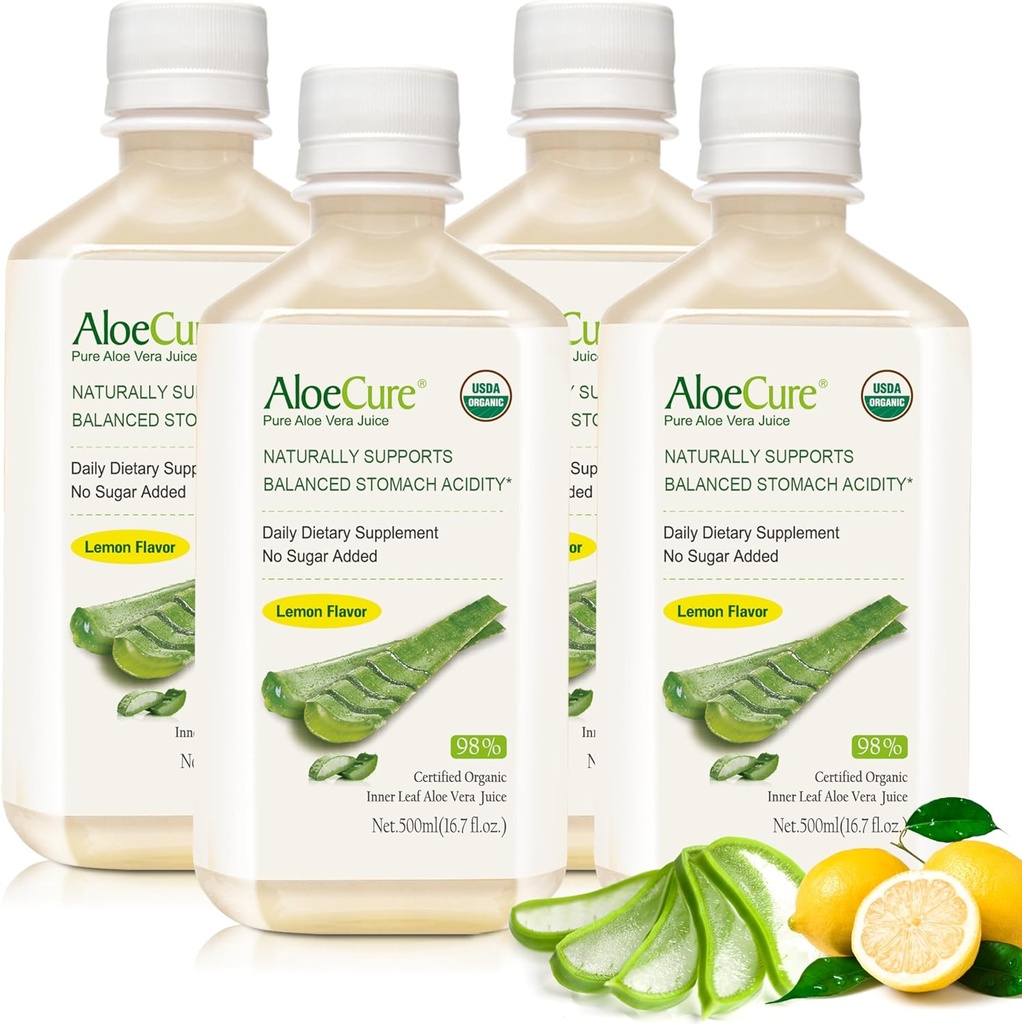 AloeCure USDA Organik Aloe Vera Juice Limon Flavor - 12 Hours of Harvest - Natural Digestive Supplement for Balanced Stomach Acidity - Support Digestive and Immune Health, 4 Btls x 16.7oz