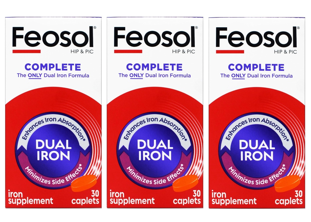 Feosol Bifera HIP & PIC Iron Supplement, Tamam - 30 Caplets, 3 Paket