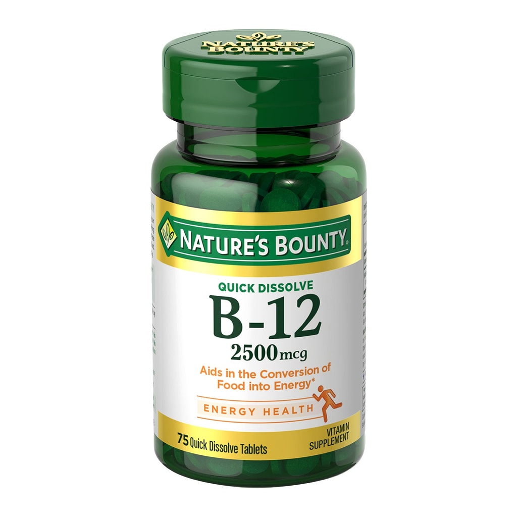 Nature's Bounty Vitamin B12 2500 mcg, Cellular Energy Support, for Energy Metabolism, Heart & Nervous System Health, 75 Quick Dissolve Tabletleri