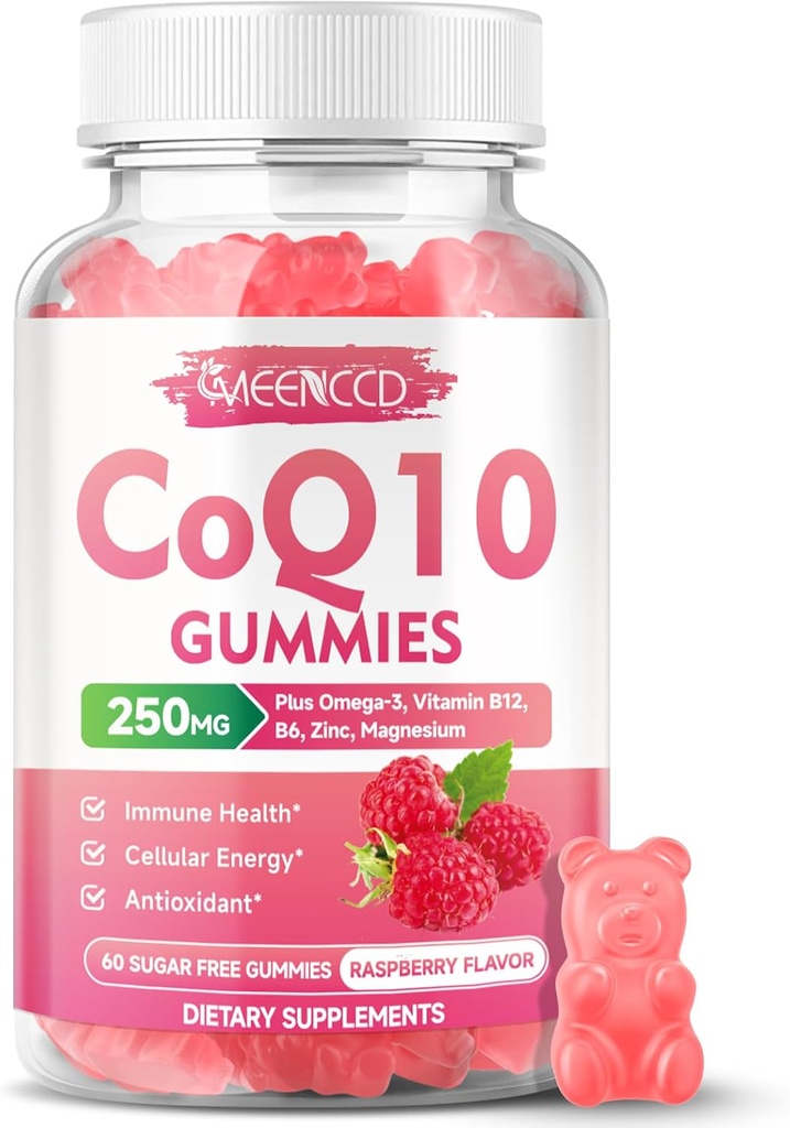 Sugar-Free CoQ10 Gummies 250mg, Coenzyme Q10 Supplements Plus Omega-3, Vitamin B6 & çinko, Yüksek Abpole CoQ10 Hücresel Enerji ve Antioksi Desteği için Tamam, Raspberry Flavor, Vegan 60Cts