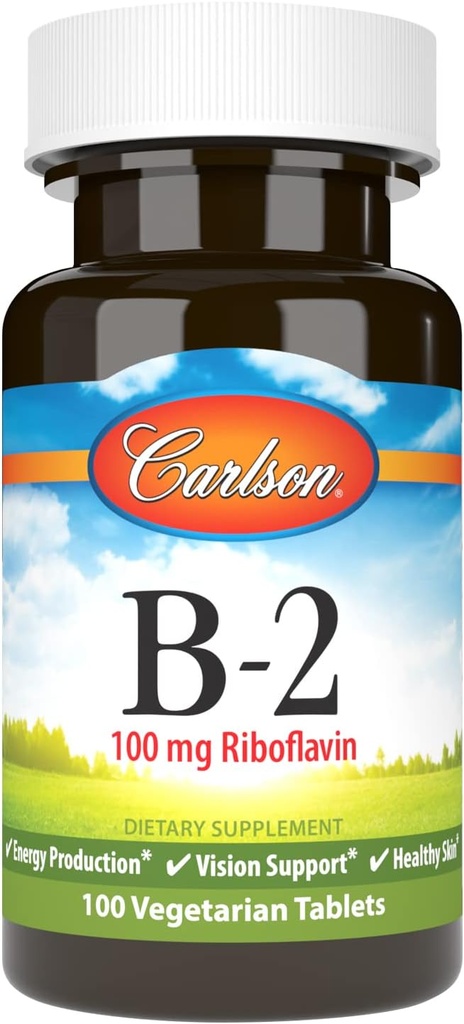 Carlson - B-2, 100 mg Riboflavin, Enerji Üretimi, Vizyon Desteği ve Sağlıklı Cilt, 100 Vejetaryen Tabletler