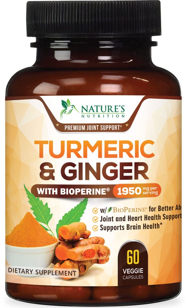 Turmeric Curcumin Supplement 1950 mg -% 95 Curcuminoids with Organic Turmeric & Ginger, BioPerine Black Pepper for Best Abpole, Nature's Vegan Ortak Desteği, Non-GMO, Şişed in USA - 60 Capsules