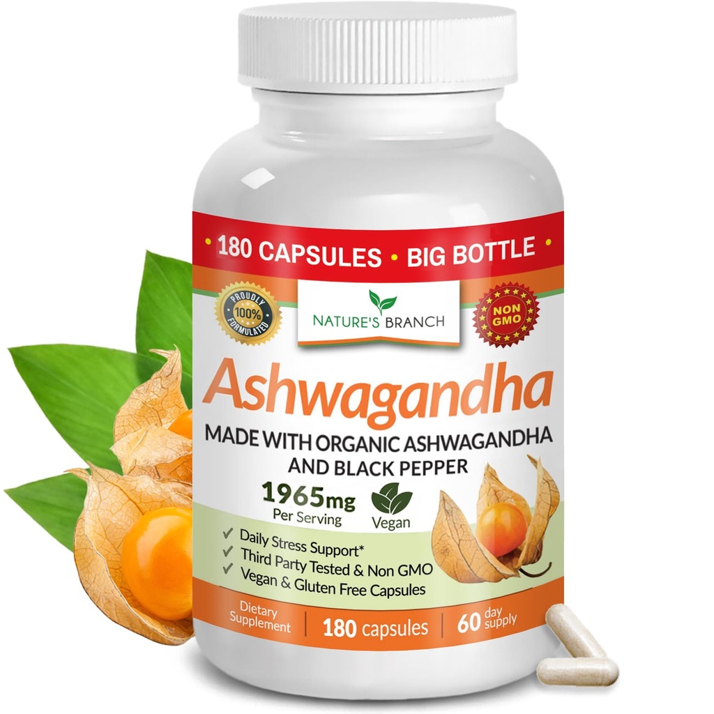 UDAF Certified Organic Ashwagandha with Black Pepper, 1965mg - Extra Strength for Stress, Sleep, Mood, Thyroid, Energy, Hair, Vegan Pure Root Extract Powder Supplement for Men and Women | 180 Capsules