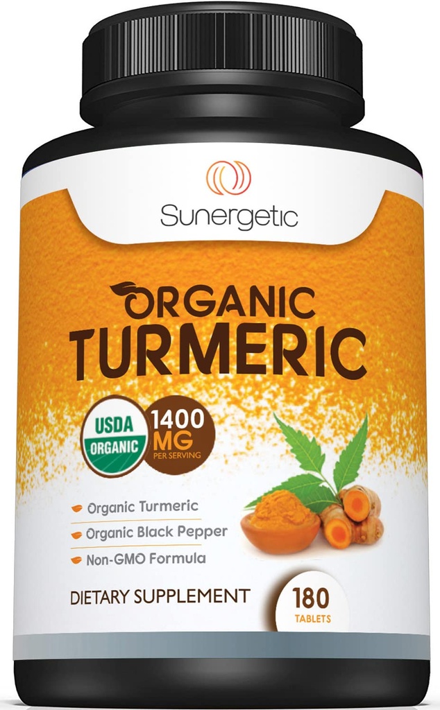 Sunergetic USDA sertifikalı Organik Turmeric Supplement – Organik Turmeric & Organik Black Pepper – 1,400 mg of Turmeric per Service - 180 Count (Pack of 1)