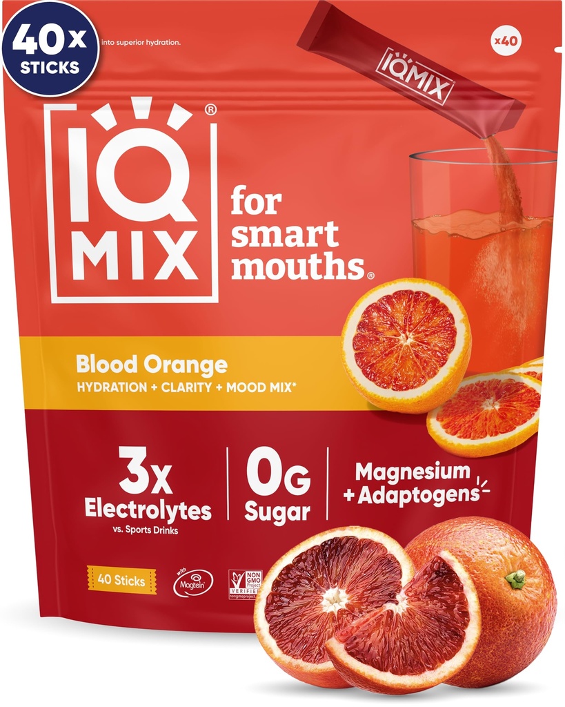 IQMIX Hydration Electrolyte Toz – 4-in-1 Formula for Hydration, mental Clarity, Mood and Recovery – Sugar-Free Drink Mix, Keto, Magnezyum L-Threonate, Lion's Mane – 40 Kont Blood Orange