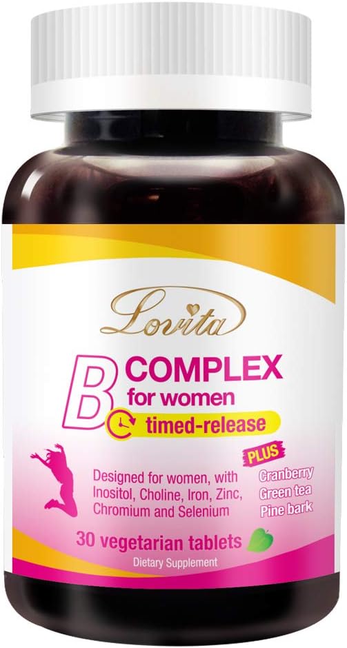 Kadınlar için Lovita B Kompleksi - Yüksek Potency Timed, Demir, C, Cranberry, Pine Bark, Yeşil Çay, 30 Vejetaryen Tabletler