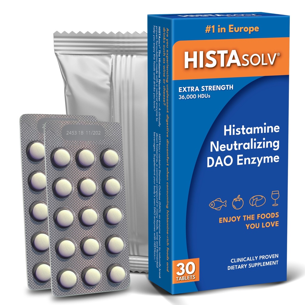 HISTAsolv Ekstra Kuvvet DAO Enzyme Supplement for Histamine Food intolerance - Eases Digestive Discomfort - Patented Tech - Avusturya'da Yapılacak - 30 Pack