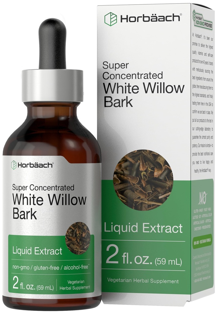 Horbäach White Willow Bark Extract Tincture | 2 Fl oz | Alkol Ücretsiz Sıvı Tamam | Süper Yoğun | Vejetaryen, Non-GMO, Gluten Free