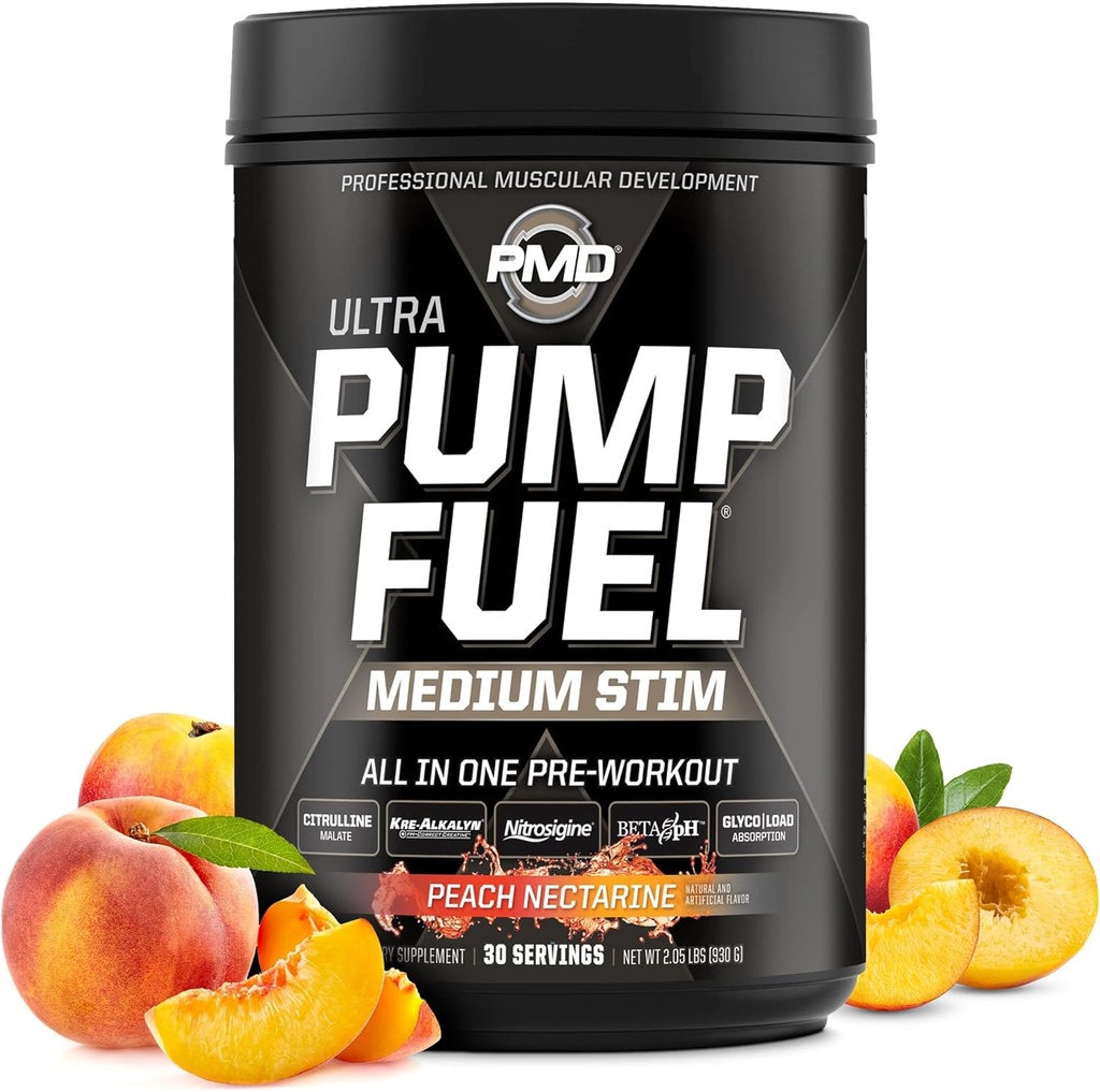 PMD Sports Pump Yakıt Ultra Medium Stim - Premium Pre Workout Toz & Muscle Pump, Greater Focus, Endurance & Recovery, Premium Kreine, Arginine & Beta Alanine - Peach Nectarine (30 hizmet)