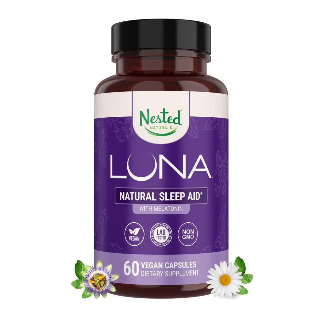 Nested Naturals Luna Sleep Aid - Doğal Kaynaklanmış Malzemeler ile Yetişkinler için Doğal Uyku Pilleri - Valerian Root, Melatonin, Chamomile, Lemon Balm ve Daha Fazla - 60 Vegan Capsules