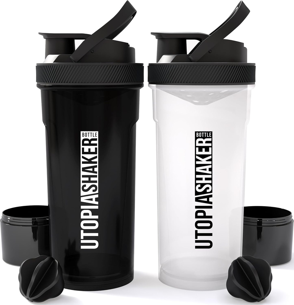 Utopia Home Shaker Şişe 2 Pack - 24 Ounce Plastik Protein veya Cocktail Shaker Şişe for Pre & Post egzersiz için Twist & Lock Protein Box Storage (All Black & Clear/Black)