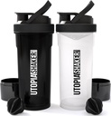 Utopia Home Shaker Şişe 2 Pack - 24 Ounce Plastik Protein veya Cocktail Shaker Şişe for Pre & Post egzersiz için Twist & Lock Protein Box Storage (All Black & Clear/Black)