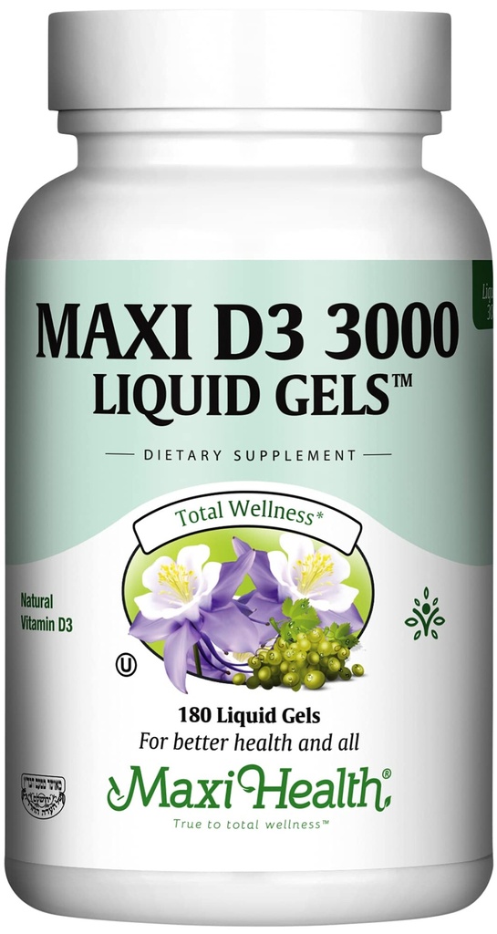 Maxi Health Vitamin D3 3000 IU 75 mcg Vitamin D Supplement for Health Bones, Teeth, Immune Support - VIT D3 Supplement Easy to Swallow Non-GMO, Supplement for Men and Women – Kosher 180 Gels