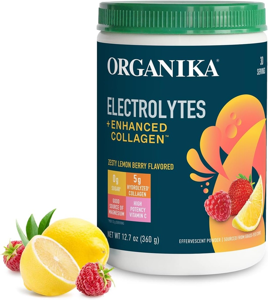 Organikа Electrolytes with Enhanced Collagen Powder for Women & Men - 13 oz - Zesty Lemon Berry-Flavored Effervescent Electrolyte & Collagen Drink Mix - Deep Hydration, Mobility, Skin, Hair, & Nails