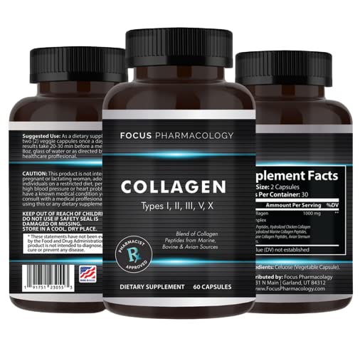 Collagen Support (Type I, II, III, V, X) Avian Sternum Hydrolyzed Collagen Skin Peptides Collagen Support with Hyaluronic Acid + Protein Complex + Natural Supplement (180 Capsules)