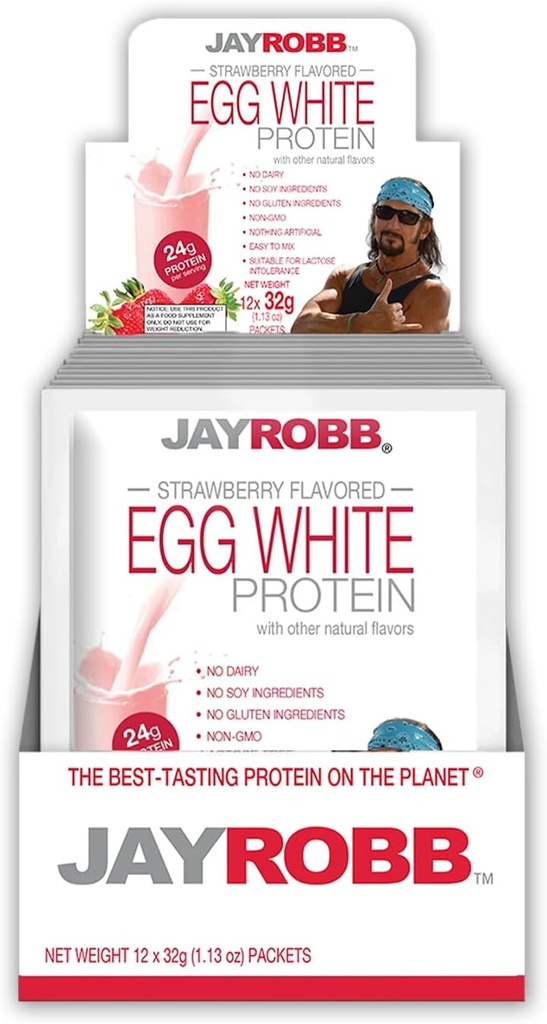 JayRobb Egg White Protein Toz, Low Carb, Keto, Vejetaryen, Gluten Free, Lactose Free, No Sugar Eklenme, No Fat, No Soy, Yapay, Non-GMO, Best-Tasting (Individual Packets, Strawberry)