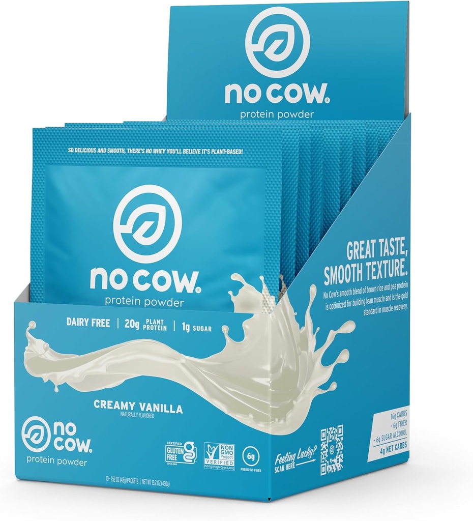 No Cow Vegan Protein Powder, Vanilla, 20g Plant Based Protein, Single Serve Packets, Dairy Free, Soy Free, No Sugar Added, Keto Friendly, Gluten Free, Naturally Sweetened, Non GMO, Kosher, 10 Count