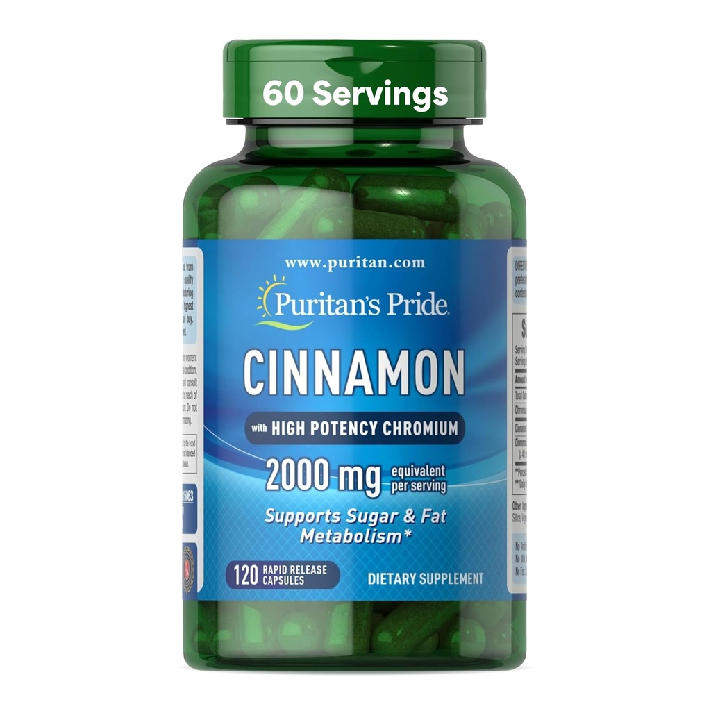 Puritan's Pride Cinnamon 875 mg (2000 mg Equivalent) Yüksek Potency Chromium, Supports Sugar, Fat ve Sağlıklı Nutrient Metabolism, Hücre Enerji, 2 Ay Supply, 120 Hızlı Yayın Capsules