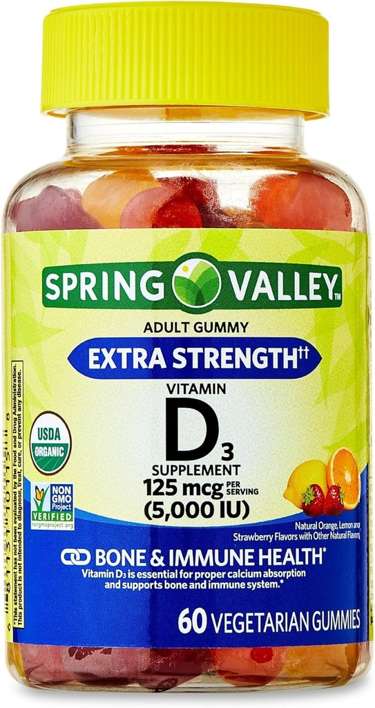 IKJ Ekstra Güçlü Vitamin D3 Bone & Immune Health Diyetary Supplement Vegetarian Gummies, 125 mcg (5,000 IU), 60 Kont
