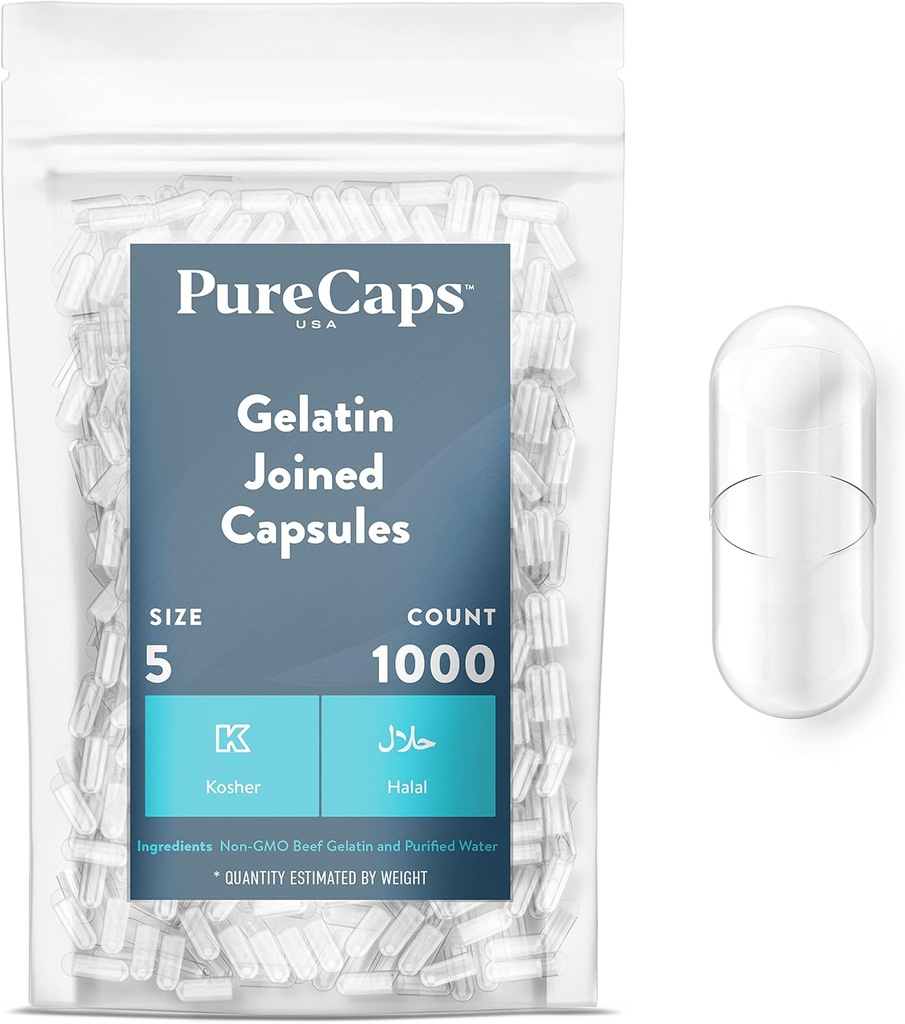 PureCaps USA - Boş Gelatin Capsules Boyutu 5 / 1000 Bağlı Pills| Clear / Non-GMO Sertifikalı| SLS, Gluten, Preservative Free Free Free