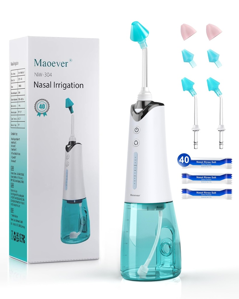 Nasal Irrigation System, Cordless Nasal Rinse Machine for Sinus Relief & Nasal Care, Electric Neti Pot with Tips and Salt Packs Nasal Irrigation Sinus Rinse System Kit for Adult & Kid (300ML)