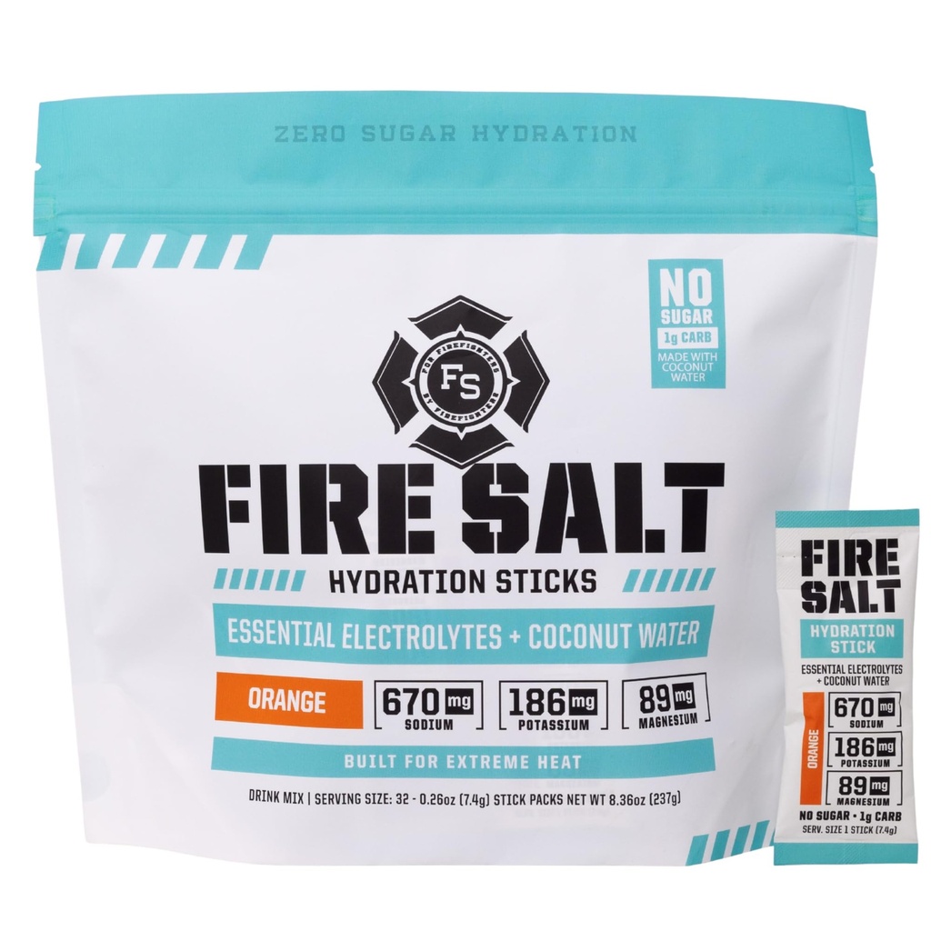 Fire Science Fire Salt Hydration Sticks, Electrolytes & Coconut Water, Hydration Drink Mix with Magnezyum, Pyum & sodyum, Zero Sugar, Single Serve On The Go Packs, Vegan, Orange Flavor, 32 Count