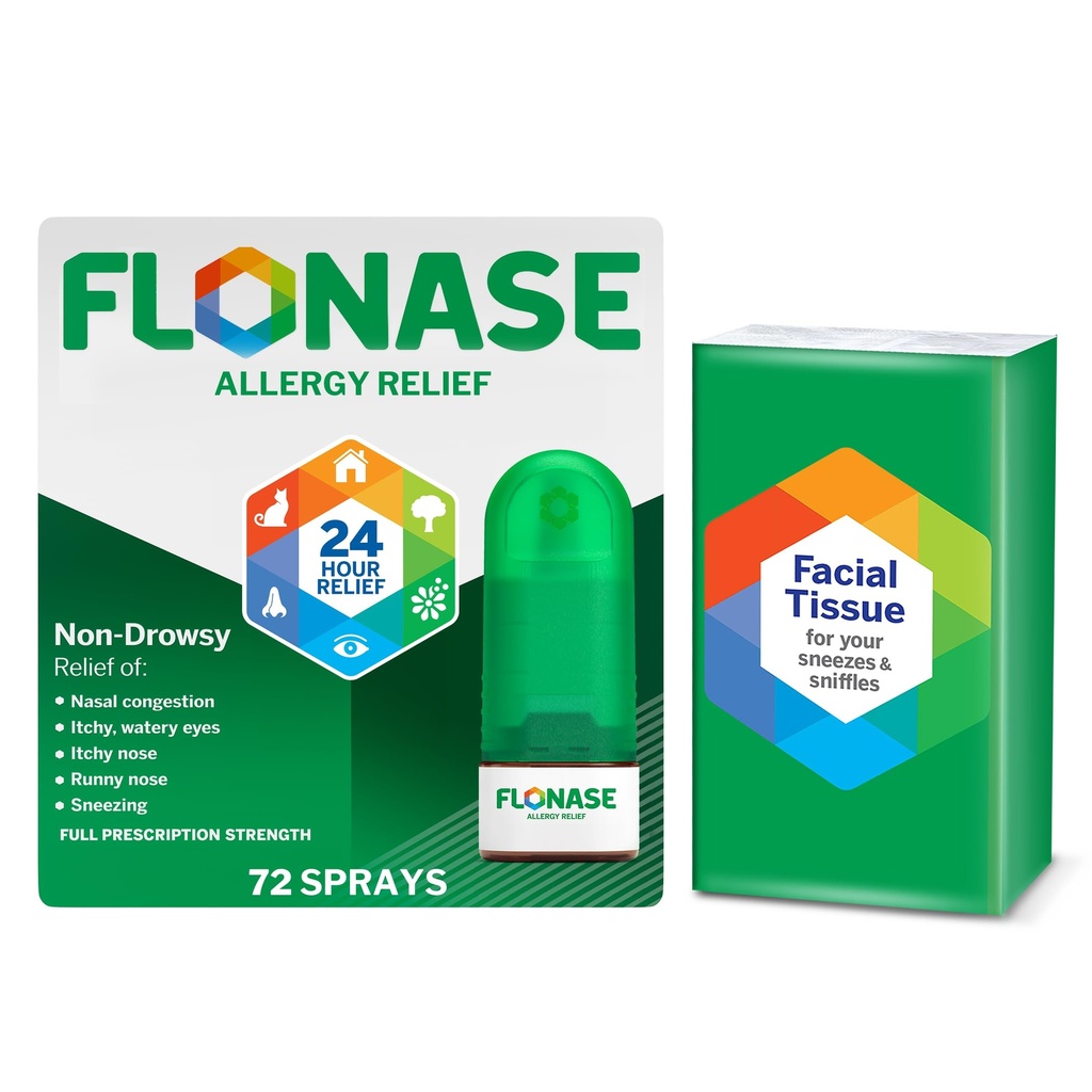 Flonase Antivirüs Relief Nasal Spray, 24 Saat Non-Drowsy Multi-Symptom Relief - 72 Spreys artı Bonus Pack of Tissues