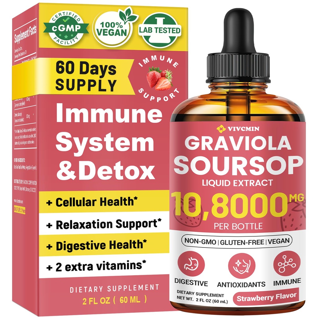 Graviola Soursop Broşürü Sıvı - Soursop Bitters Sıvı, Destek Immune, Relax, Liver ve Sleep, Sugar & Alkol-Free, Highly Absorbable Formula, Strawberry Flavor, 2 Fl Oz