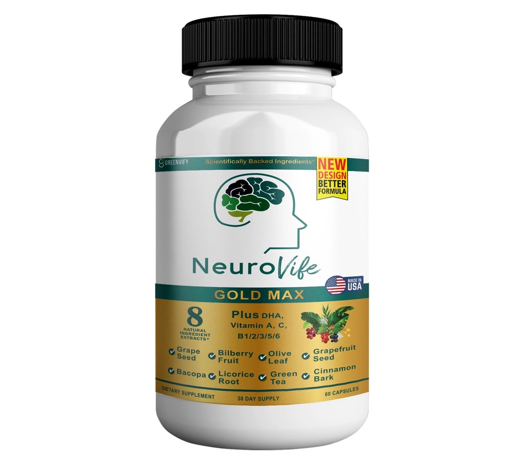 NöroVife Gold Max Brain Support Supplement | 8 Natural Extracts with DHA, Vitamins A, C, B Kompleksi | 60 Veggie Capsules | Made in USA (1)