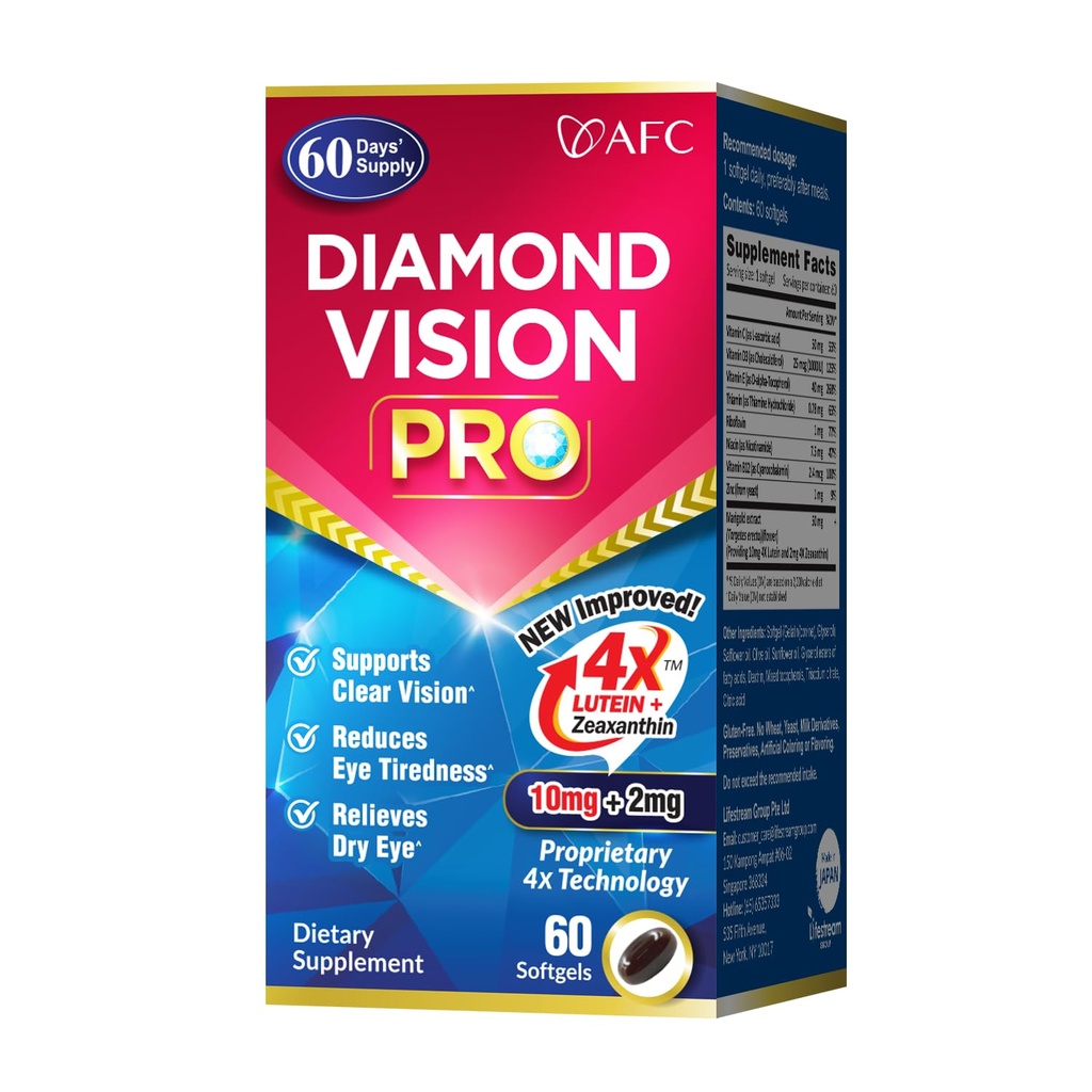 AFC Japan Diamond Vision PRO – Improved, Up-Sized Formula - Lutein & Zeaxanthin 4X with Eye Vitamins – Visual Health Supplement for Adults, Screen Exposure, Night Use, 60 Softgels