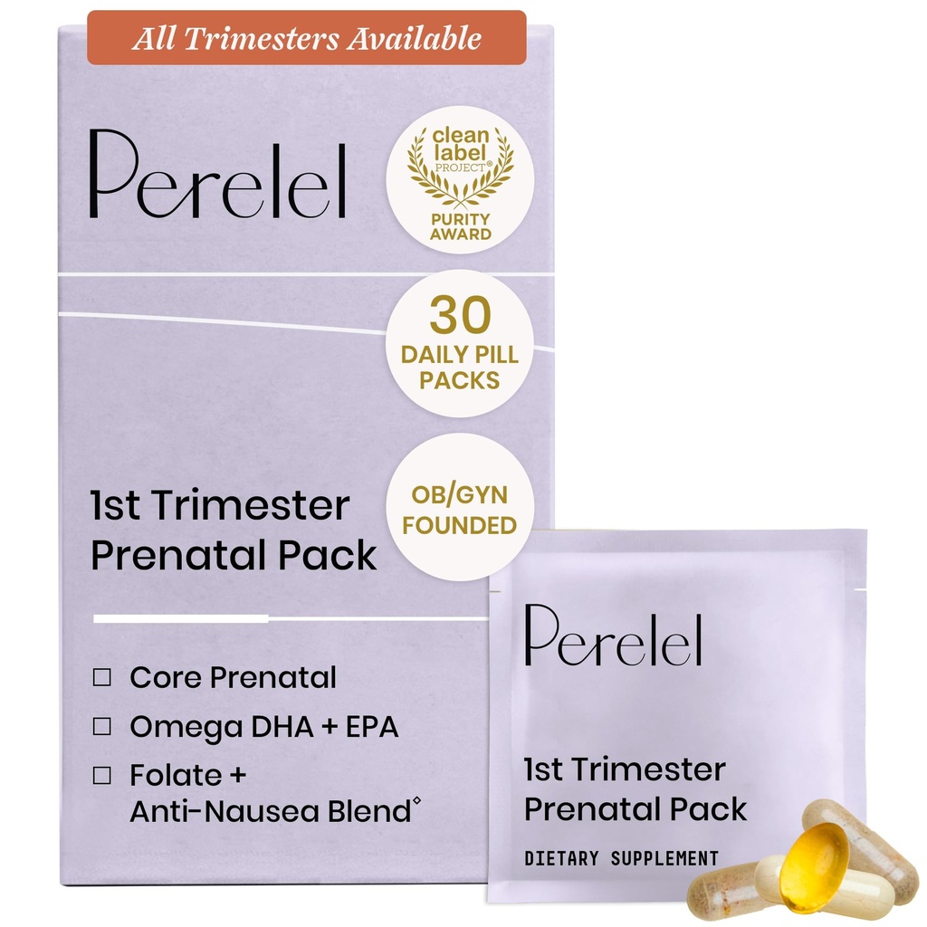 Perelel 1st Trimester Prenatal Pack, Multivitamin with Folate, Vitamin D, Omega 3, Iron & Ginger, Erken Hamileliğe Beslenme Desteği, Soy & Gluten Ücretsiz, GMO, 30 Daily Pi Packs