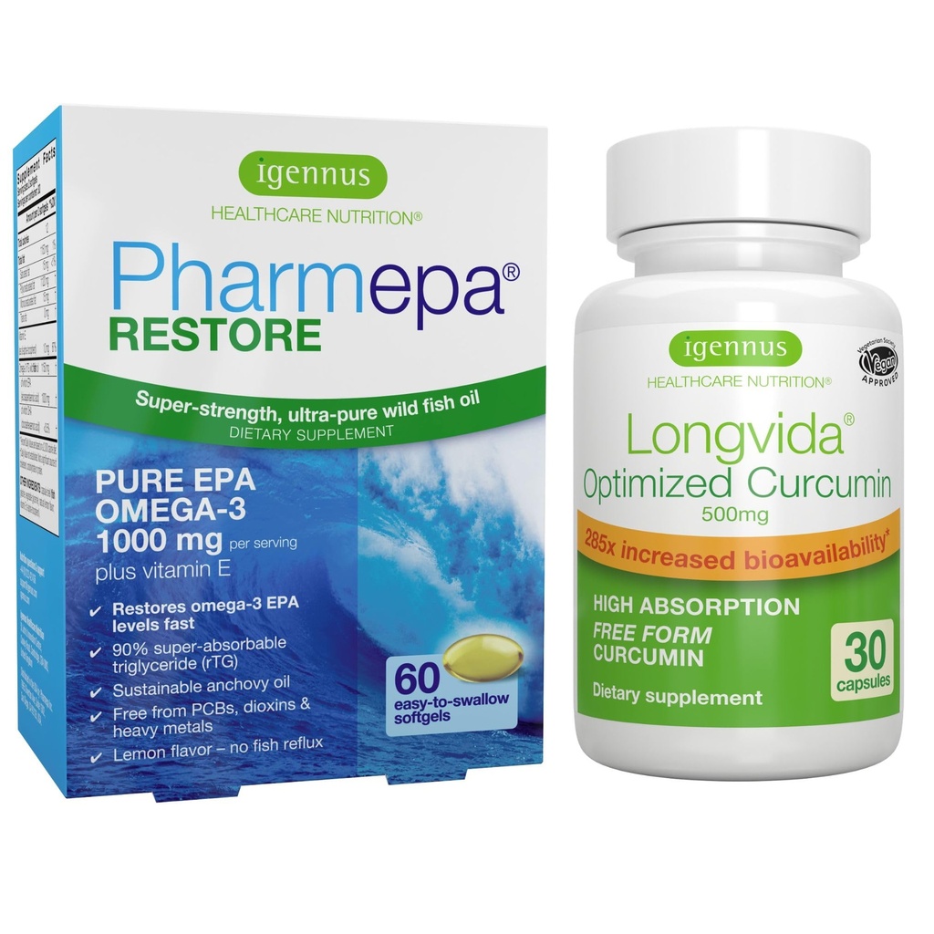 Pharmepa Restore & Longvida Lipidated Curcumin 500 mg Sche, 1000 mg Pure EPA Omega-3 Fish Oil & Ultra Bio available Curcumin, Igennus tarafından