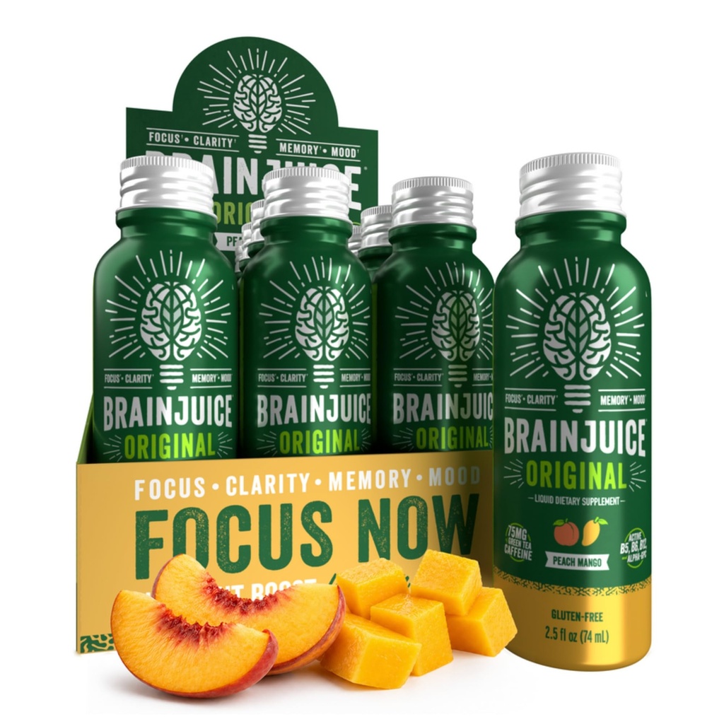 BrainJuice Brain Support Shot, Gluten Free Supplement Shots for Energy & Focus, Sağlıklı İçecekler Alpha GPC, Vitamin B & Organik Yeşil Çay Ekstra Caffeine, Peach Mango, 2.5 fl oz, 12 Pack