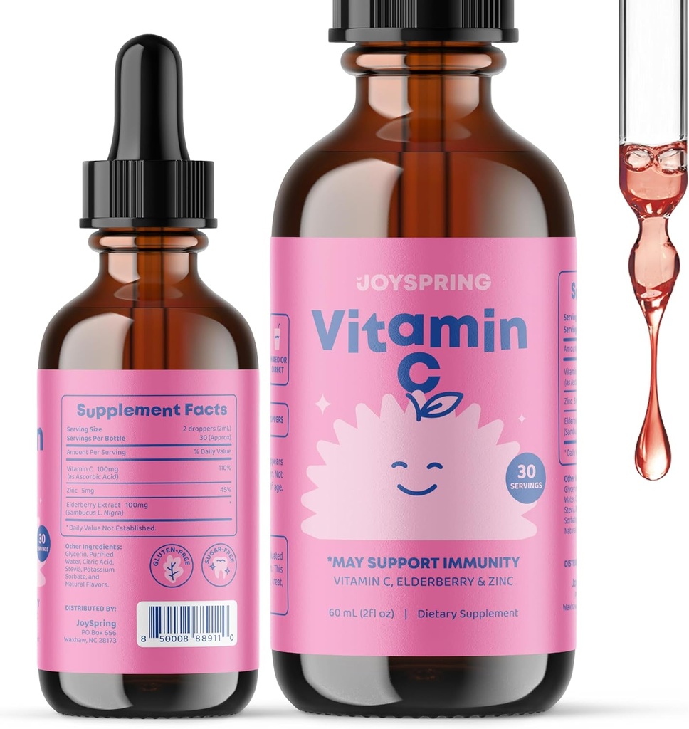 JoySpring Vitamin C + Elderberry Drops + Zinc for Kids Immune Support, Genius Drops for Focus, and Vitamin D for Kids